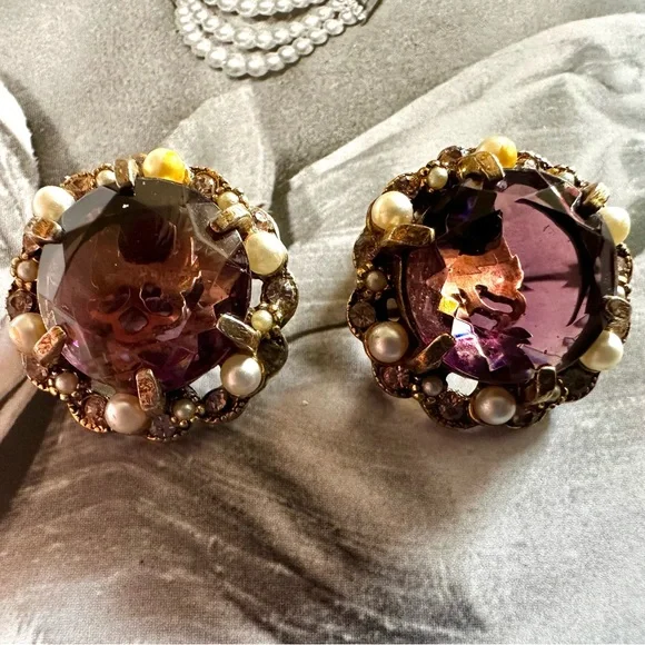 ARTHUR PEPPER ‘ART’ Amethyst Glass Clip On Earrings 1960s Vintage - Picture 6 of 11